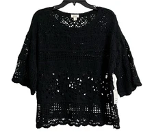 BRAND NEW ANA A New Approach Black Open Knit Crochet Top Blouse Size Large