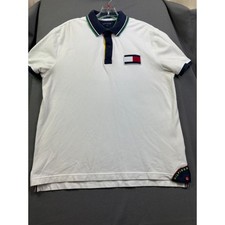 Tommy Hilfiger Men White Sailing TH-065 Flag Pique Polo Shirt Large Stretch L/G
