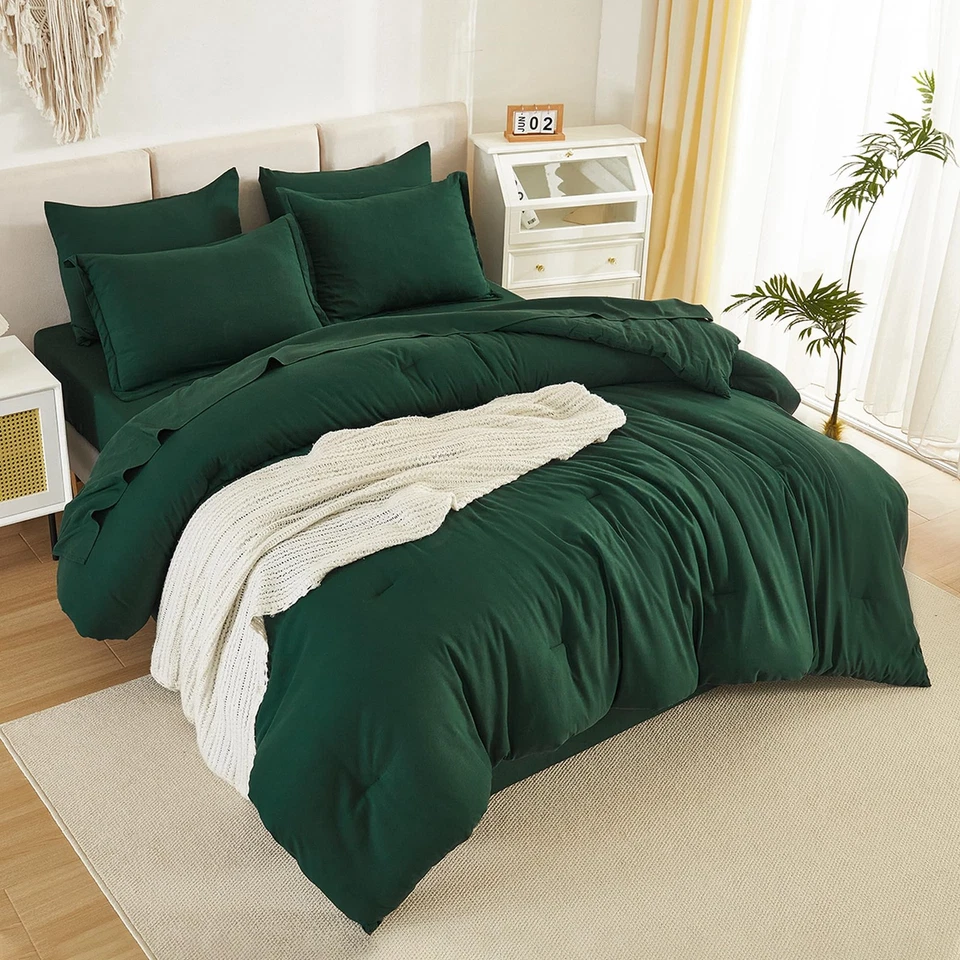 Juego de cama tamaño king 7 piezas, fundas de almohada edredón sábanas, verde esmeralda oscuro Foto 3 de 4