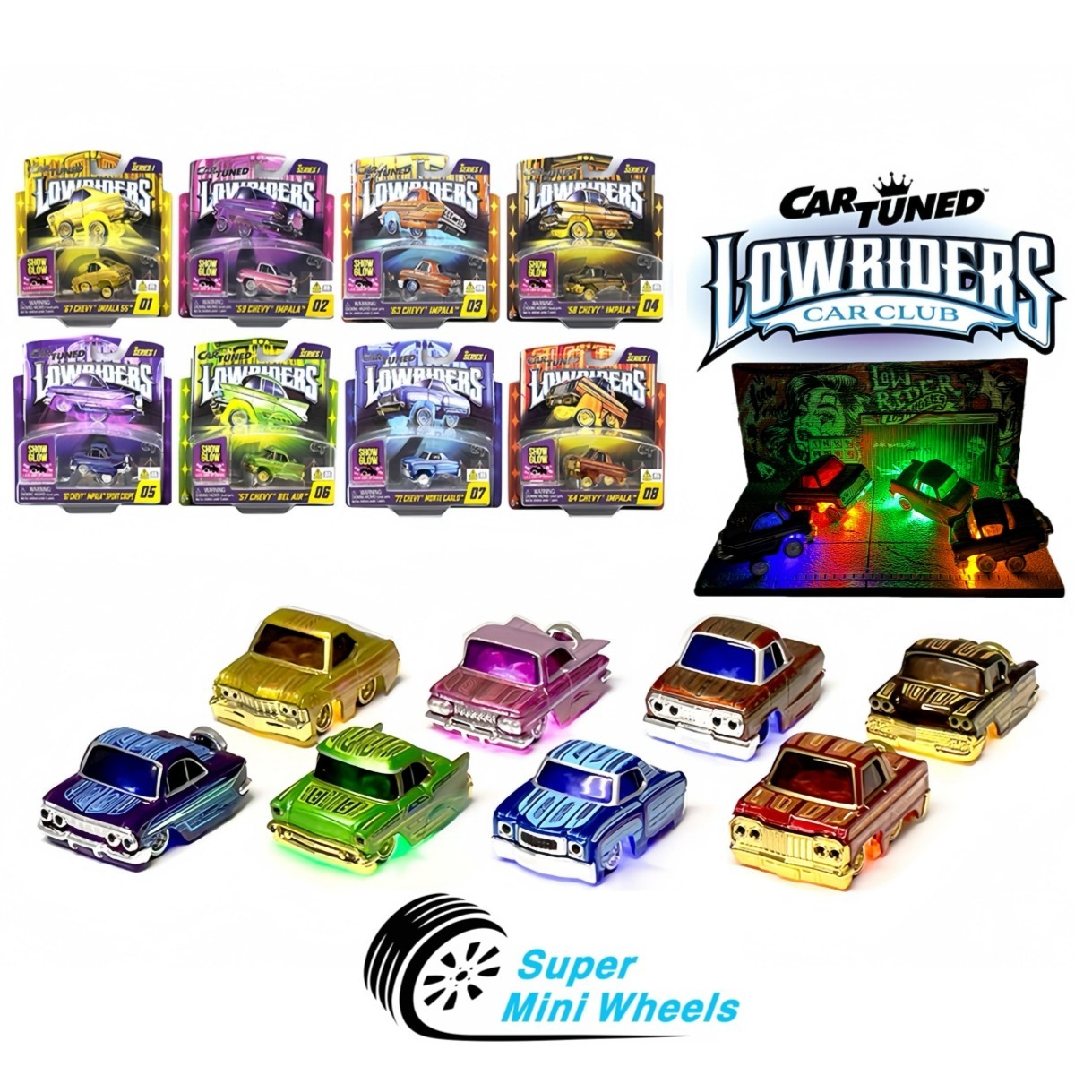 ミニカー Car Tuned Lowriders CarTuned 1:64 Lowriders SHOW GLOW Series 1 Set 8 Pcs LED Light