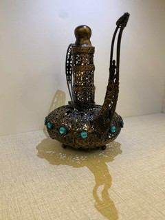 Antique Filigree Candle Holder Tealight Lantern Turquoise Jeweled Metal Art