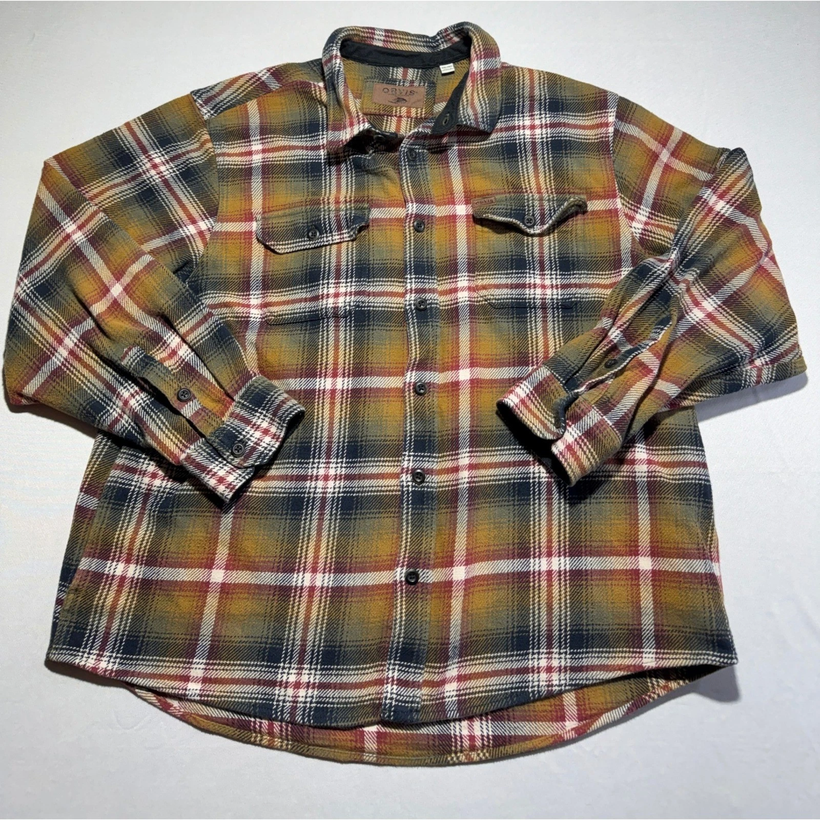 Orvis Mens XXL Plaid Flannel Button Down Shirt Green Rust Cotton 1313517