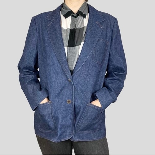 Vintage Denim Blazer Jacket Women Blue Jean Suit Button Up Lapel Casual Koret - Picture 2 of 11
