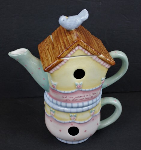 DICKSONS Tea For One Teapot & Cup Karla Dornacher Birdhouse Gods Love Poured Out