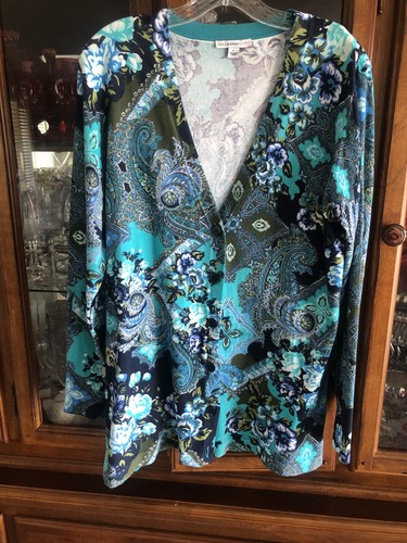 Isaac Mizrahi Live! Cardigan Women's Large Blue Floral Paisley L/S Cotton Nylon - Picture 2 of 15