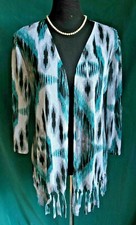 EASYWEAR CHICOS Tribal Print Fine Mesh Fringe Hem Open Jacket Sz 1 S 3/4 Sleeve