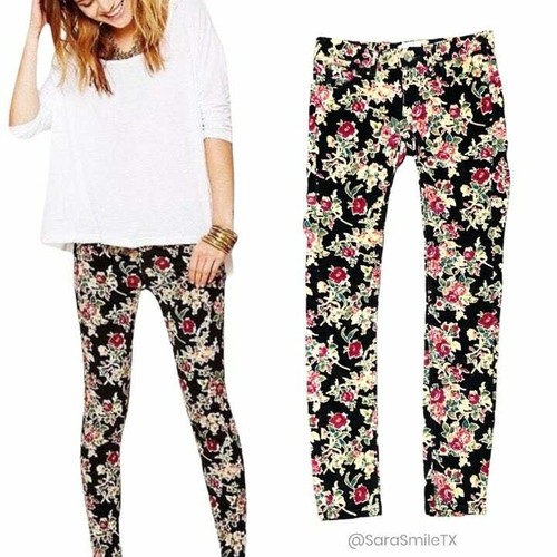 FREE PEOPLE Black Floral Print Fine Wale CORDUROY Skinny Stretch Jeans Pants 28 - Picture 6 of 11