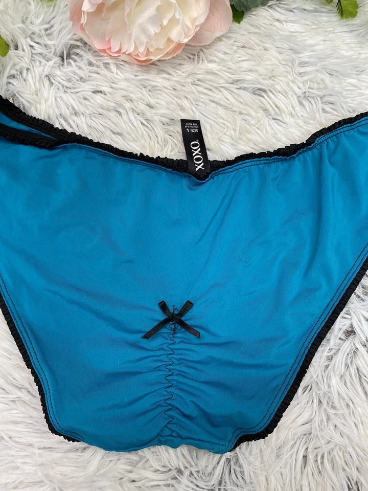 BRAGAS DE BIKINI VINTAGE XOXO ÍNTIMAS LAZO EN LA ESPALDA LOGO ESTRÁS AZUL L RARAS Foto 4 de 4