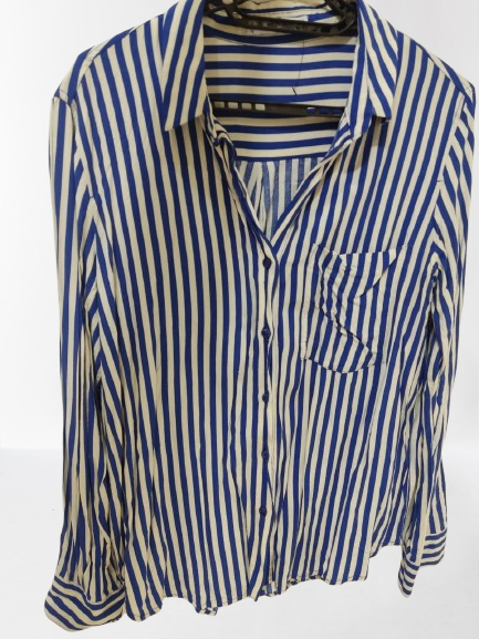 MANGO Women's Blue White Striped ButtonUp Long Sleeve Shirt
