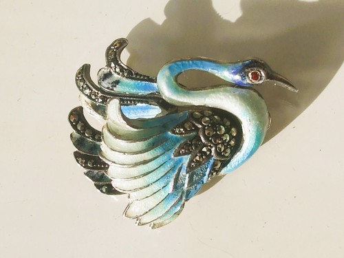 Broche Ancienne En Argent Avec Marcassite Et émeraude - Occasion Très Bon état