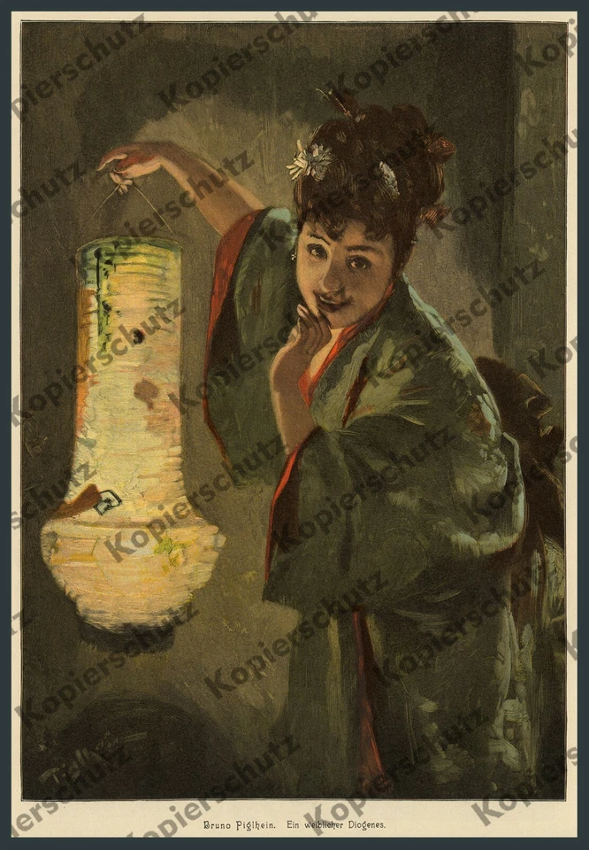or. Farbholzschnitt Bruno Piglhein Geisha Kimono Lampion Japan Nippon Tokio 1897 - Bild 1 von 1