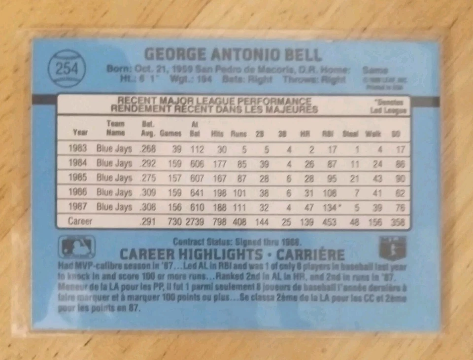 George Bell - 1988 Leaf Toronto Blue Jays #254 - MLB - Great Condition ! - Image 2 of 2