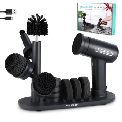 HAUSHOF Electric Spin Scrubber Cordless Cleaning Brush 8 Cleaning Heads 3 Speeds