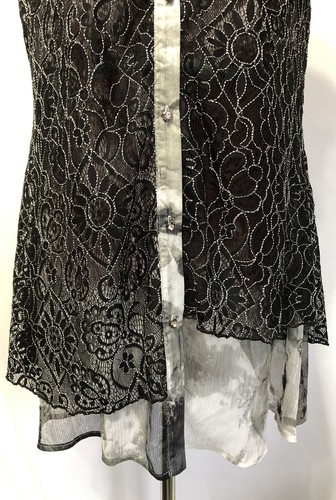 Radzoli Womens Sleeveless Bling Button Up Tunic Top Sz Med Black Floral Lace-056 - Picture 3 of 10