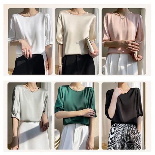 Damen Elegant Satin 3/4 Ärmel Seide Tops Rundhals Bluse T-Shirt Locker Freizeit - Bild 3 von 30