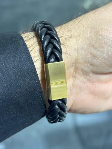 Stainless Steel Black Braided Leather Men's Wide Magnetic Lock Stack Bracelet - Picture 4 of 12