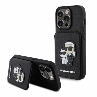 Original Karl Lagerfeld Saffiano Kartenfach mit Ständer für Apple iPhone 15 Pro