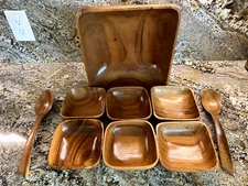 9 pc Set Large Salad Monkey Pod Wood Bowl 6 Serving Bowls 2 Serving Utensils MCM