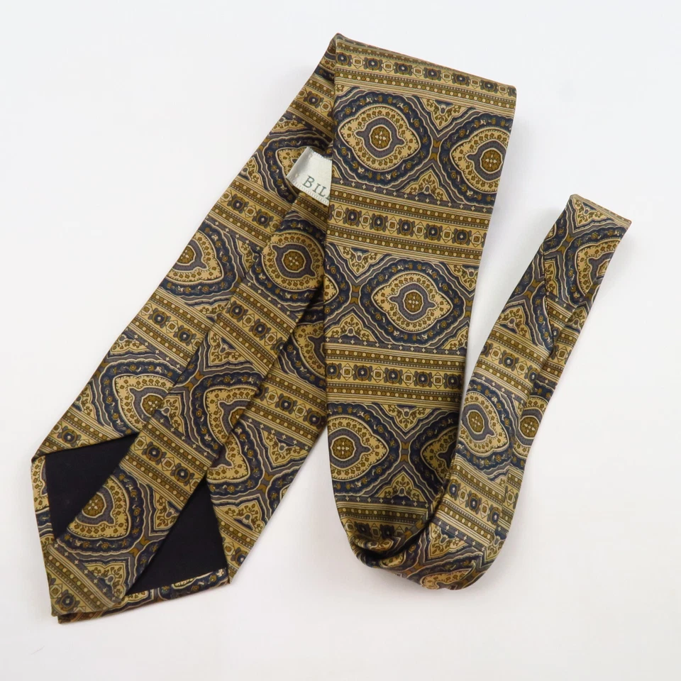 Corbata medallones vintage Bill Blass geométrica dorada azul 56x3,75 clase de vestido Foto 4 de 4