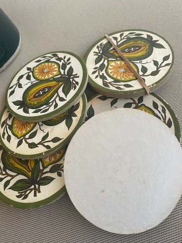 8 Pc Coaster Set Vintage Mid Century Avacado Green Fruit Leaves Cardboard 3.5" - Picture 5 of 5