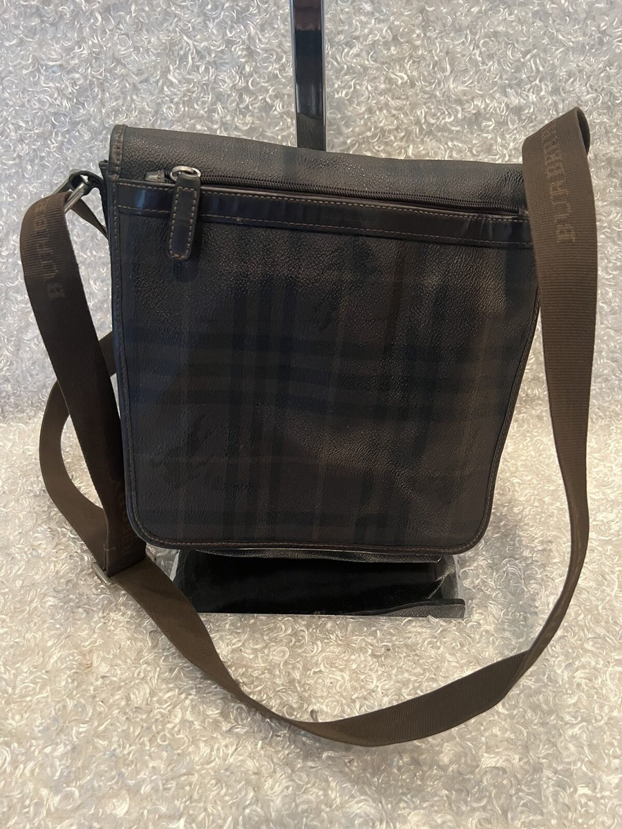 Burberry Front Zip Flap Messenger Bag Smoked Check Canvas Burberry Front Zip Flap Messenger Bag Smoked Check Canvas