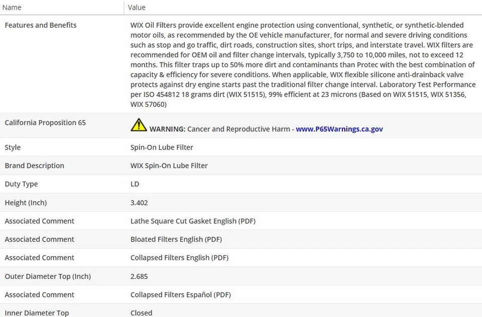 Filtro de aceite de motor OEM WIX para TOYOTA RAV4 2004-2008 L4-2,4 L Foto 3 de 4
