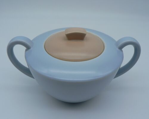 POOLE POTTERY PEACH BLOOM & MIST BLUE COVERED SUGAR BOWL C100 TWINTONE PERFECT - Picture 11 of 16