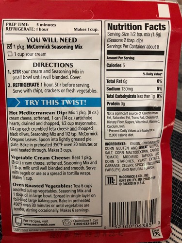 McCormick Vegetable Dip Seasoning Mix 1 Packet .46 oz - Picture 2 of 2