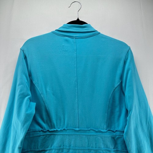 Neon Buddha Jacket Women Sz M Shawl Collar 3-Button Blazer Ruffled Hem Turquoise - Picture 5 of 11
