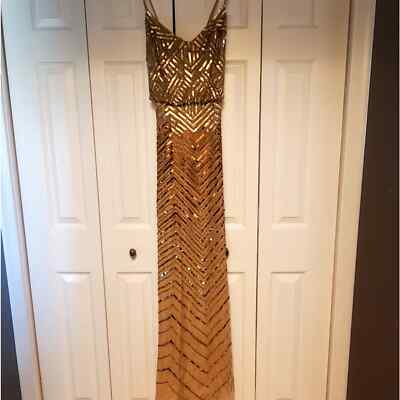 Adrianna Papell Spaghetti Strap Gold Sequence Gown | eBay