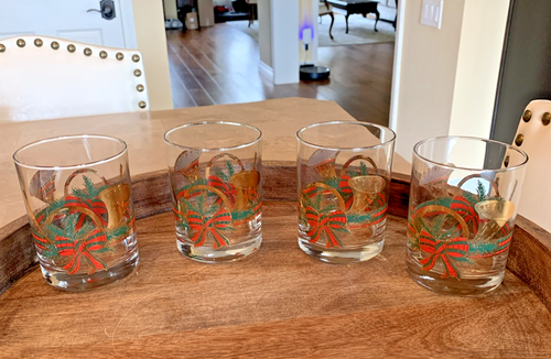 Vintage Christmas CULVER Old Fashioned Glasses Yule Horn Hand Silk Screened 14oz
