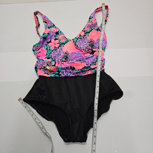 Catalina Vintage Neon Floral One Piece Swimsuit Black Pink Purple Retro 14 - Picture 5 of 6
