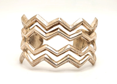 Vintage Sterling Silver Sandcast 4-Row Zig Zag Cuff Bracelet, 5.75'', 56.0 Grams
