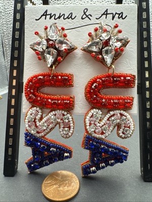 Anna & Ava 3.5  Earrings Fancy USA Patriotic Bling Statement BNIP