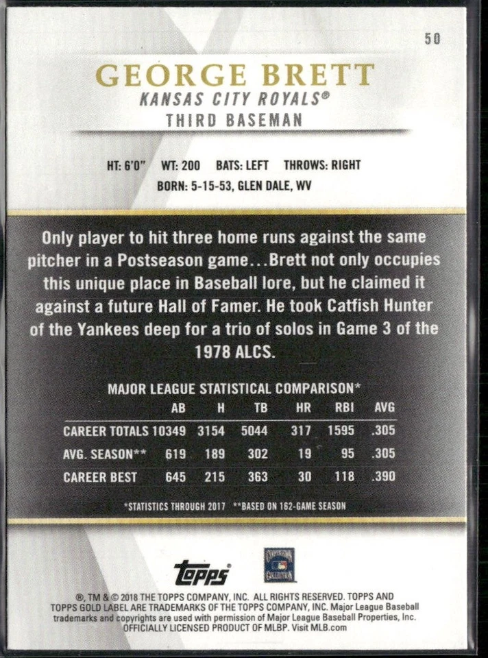 2018 Topps Gold Label #50 George Brett Class 2 Royals - Image 2 of 2