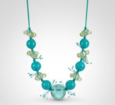 Blue Turquoise Color Beaded Cord Necklace Adjustable Silver Tone Statement