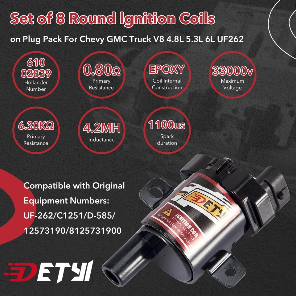 Juego de 8 bobinas de encendido redondas para Hummer H2 2003-2007 6,0 L V8 D585 UF262 C1251 Foto 2 de 4