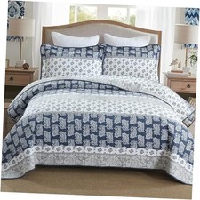 Quilt Bedding Set Queen Size, Cotton Queen 90"x98" 01-2 Navy Blue/Grey/White