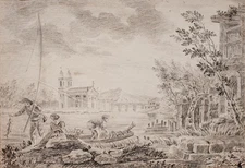 Fischer Stadtlandschaft Genre Unikat unsigniert Kohle Bleistift Zeichnung 18 Jhd