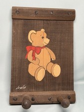 Vintage Hand Painted Teddy Bear On Wood Wall Hanging With 2 Peg Hooks