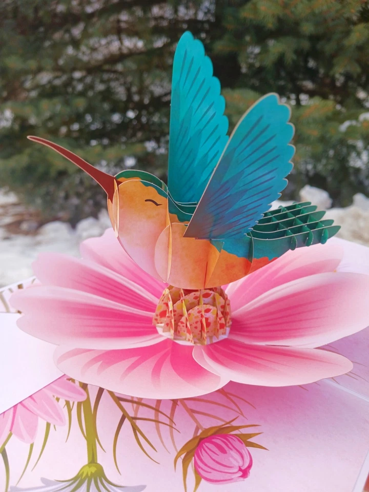 3D Pop Up Greeting Card Hummingbird Bird Flower Floral Birthday Mom Mother’s Day - Image 3 of 4