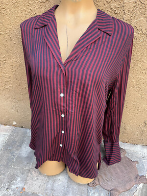Treasure & Bond Maroon Navy Striped Long Sleeve Button Shirt - Women's  XS
