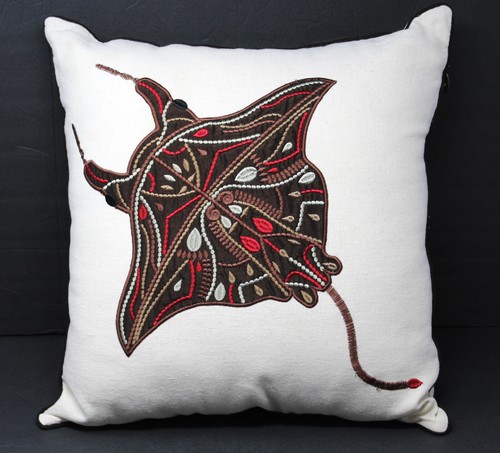 Pier 1 Embroidered Decorative Throw Pillow Manta Ray 16" x 16" Beach Seashore
