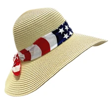 Womens Sun Hat Wide Brim Patriotic Bow Straw Color Paper Alessia Bianchi