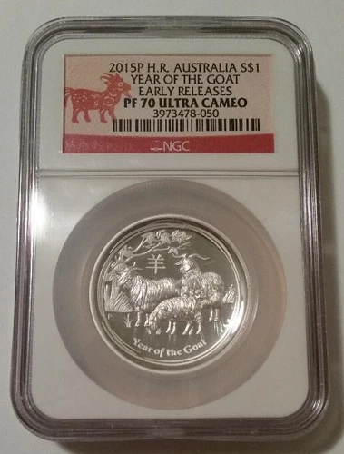 Australia 2015 P 1 oz Silver Dollar Year of the Goat High Relief PF70 UC ER NGC