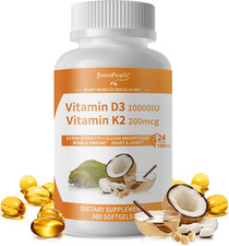 Vitamin D3 10,000 IU  K2 MK-7 200Mcg W/Coconut Oil Softgels  300-Count 2-...