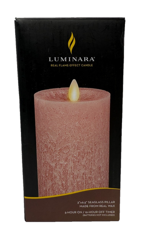New in Box, Luminara Real Flame Effect Candle, 3"x6.5" Seaglass Pillar- Rose Tan - Picture 3 of 4