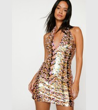 BNWT NastyGal Glitter Sequin Plunge Neck Halter Dress Gold Size:10 RRP:£95