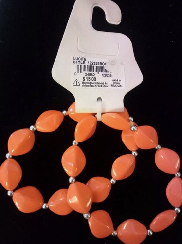 Two Orange Lucite Beads W/ Silver Spacers Stretch Bracelet Fits 7-1/2" - Picture 5 of 8