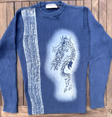 John F. Gee Doppelripp-Pullover Gr. 44/46 blau, weißes Motiv, 100% Baumwolle